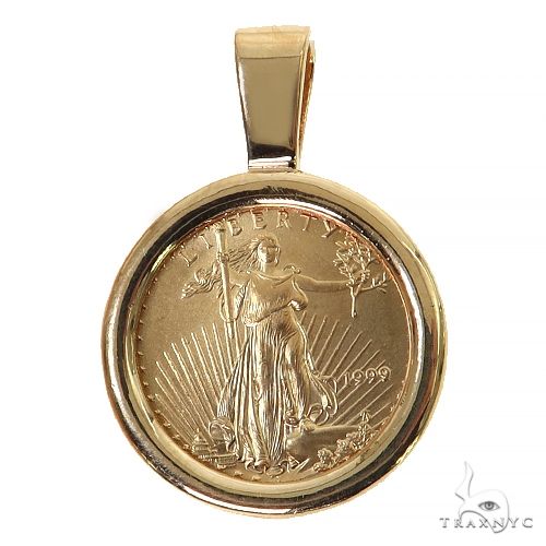Gold pendant with 1/10 oz Liberty coin in a plain round frame for men