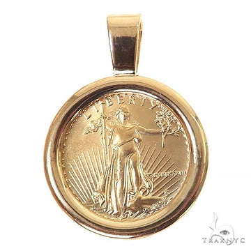 Gold pendant with 1/4 oz Liberty coin in smooth round frame, men's custom jewelry.