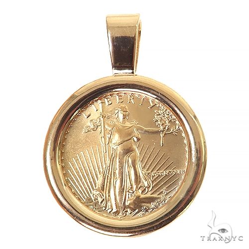 Gold pendant with 1/4 oz Liberty coin in smooth round frame, men's custom jewelry