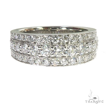 Platinum ring with three rows of sparkling round-cut diamonds, polished band, elegant design.