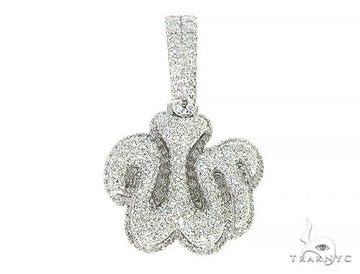 Platinum diamond Allah pendant, Arabic script design set with diamonds, front-facing view