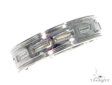 Platinum emerald cut diamond band, channel-set stones, top-down view showing rectangular facets