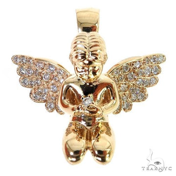 Yellow gold praying angel pendant with diamond-studded wings and detailed facial features.