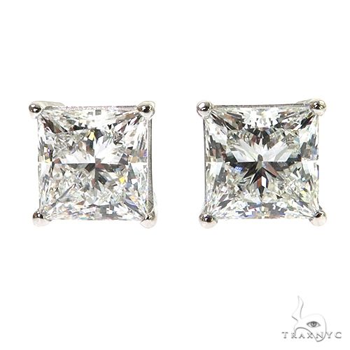 White gold princess cut diamond stud earrings with four-prong setting