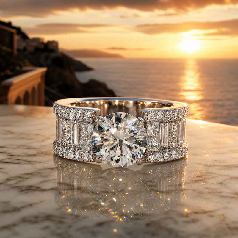 Platinum engagement ring with large round diamond and baguette-cut diamond accents on wide band.