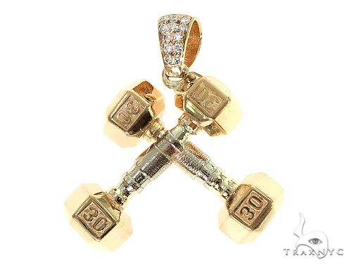 Two-tone 14K gold dumbbell barbell pendant with prong-set round diamonds – front angle