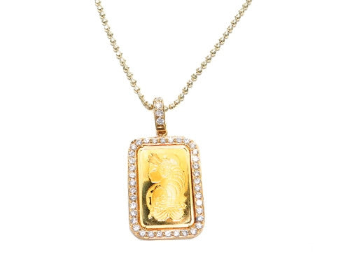 Prong Diamond 24k Gold Pendant Bar Moon Cut Chain 42206 - Image 1