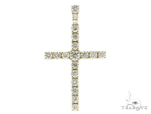 14K yellow gold cross pendant with prong-set diamonds down both arms