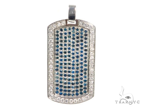 Diamond dog tag pendant in metal with prong-set round cut diamonds across face – front angle