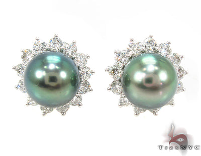 Prong Diamond Green Pearl  Earrings 32065 - Image 1