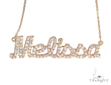14K rose gold diamond name necklace with prong-set stones spelling Melissa