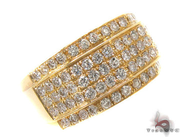 Yellow gold men's ring with multiple rows of prong-set round diamonds