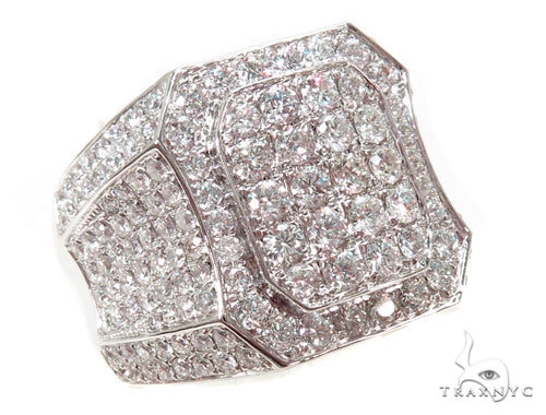 Men's diamond ring in 14k white gold with round-cut prong-set stones, front-facing profile view