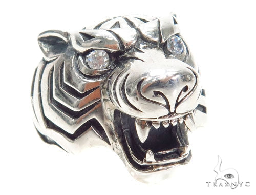 Tiger motif sterling silver ring with 0.12 ct diamond accents, angled top view