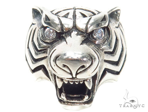 Sterling silver men's ring shaped like a roaring tiger head with diamond-set eye
