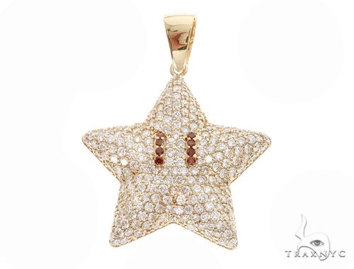 Yellow gold star pendant encrusted with diamonds and red gemstone eyes, men's jewelry.