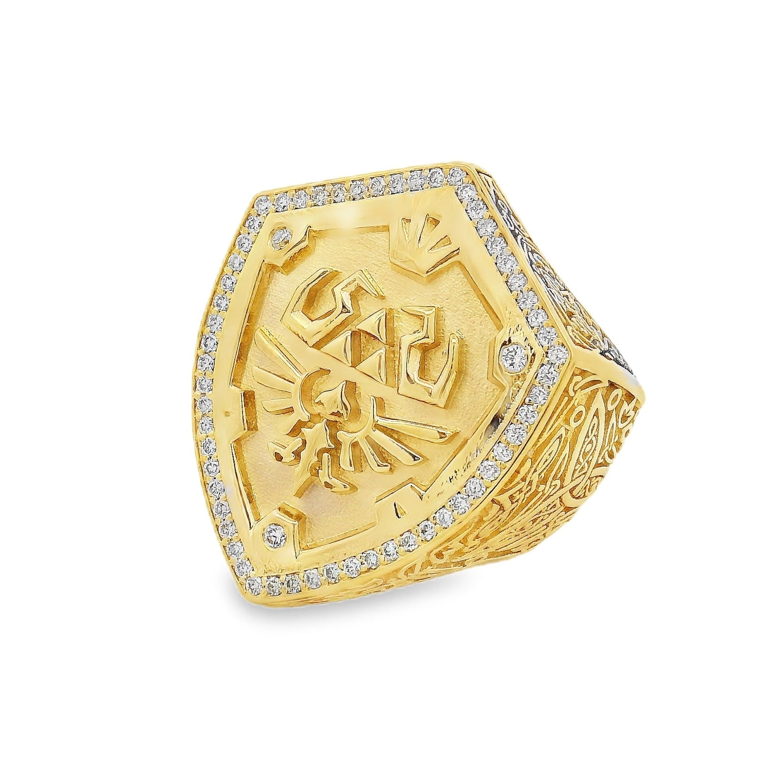 10K Gold Link Hylian Zelda Shield Diamond Ring 70994 | TraxNYC