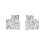 Pair of radiant cut diamond stud earrings with four-prong white gold setting, brilliant facets