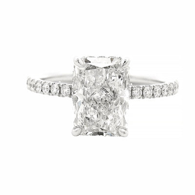 Radiant Diamond Engagement Ring in 14K gold with 2 carat radiant-cut lab grown diamond, hidden halo, and pavé diamond band