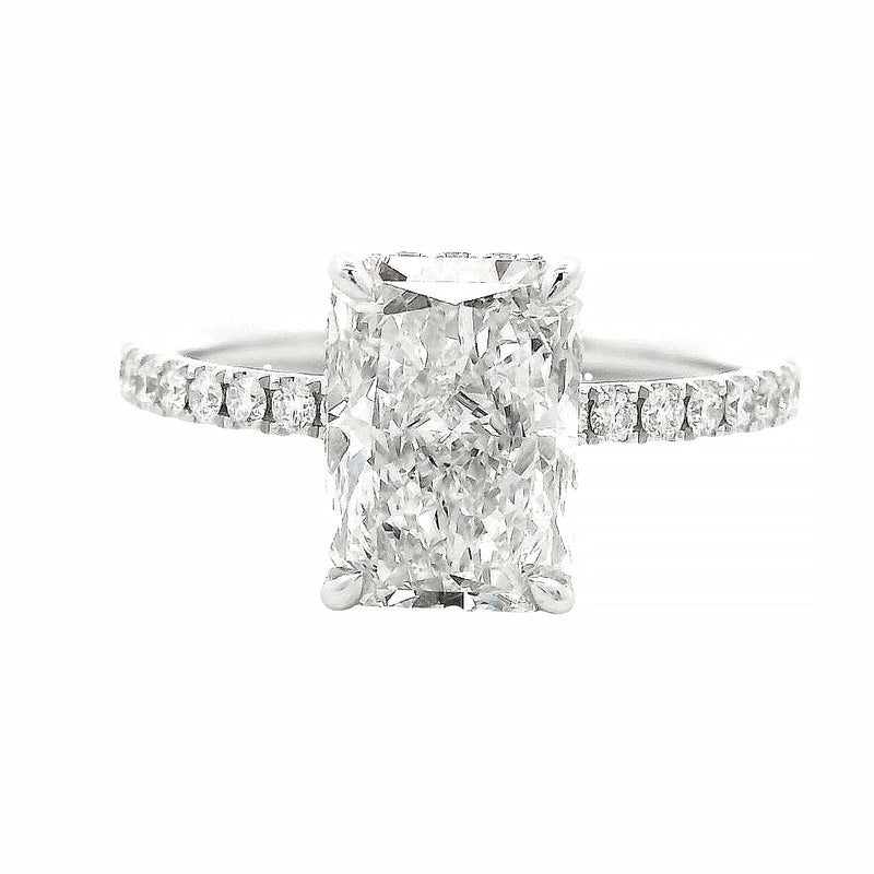 Radiant Diamond Engagement Ring in 14K gold with 2 carat radiant-cut lab grown diamond, hidden halo, and pavé diamond band