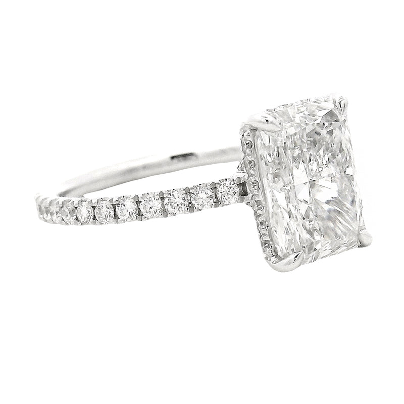 Radiant Diamond Engagement Ring in 14K gold with 2 carat radiant-cut lab grown diamond, hidden halo, and pavé diamond band