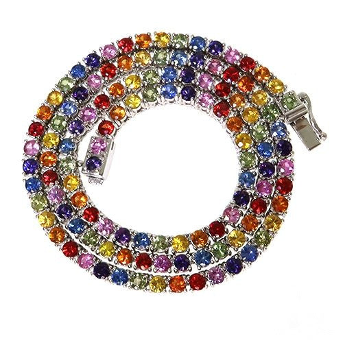 Rainbow sapphire tennis chain in gold – multicolor prong-set sapphires in continuous setting, front view