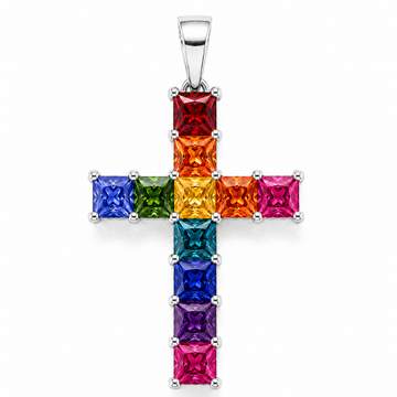 Rainbow Princess Cut Sapphire Cross in 14K gold