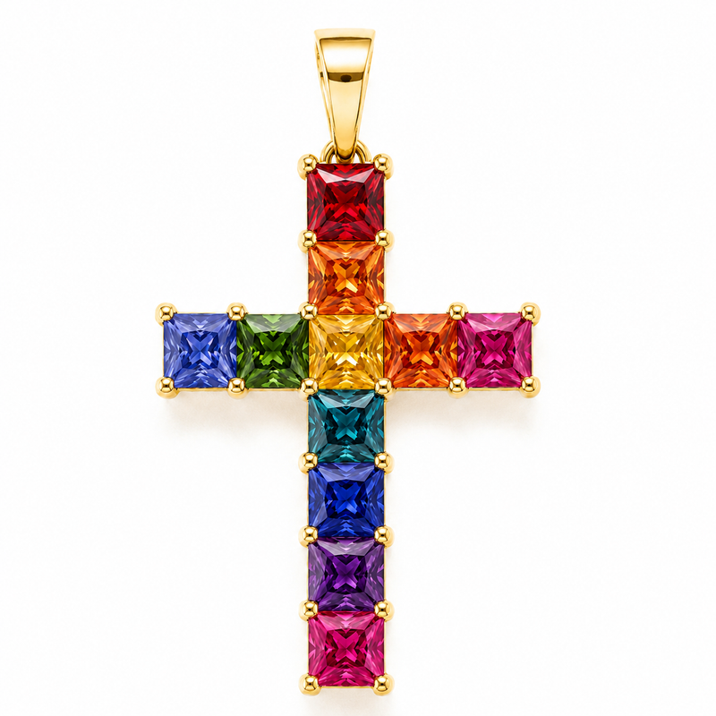 Rainbow Princess Cut Sapphire Cross in 14K gold, view 2