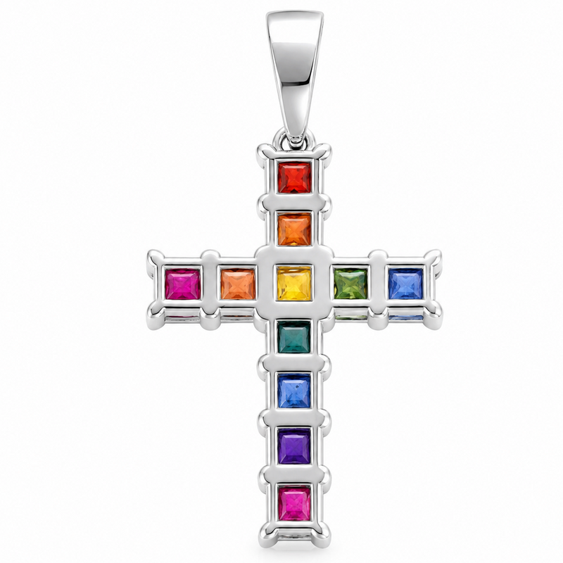 Rainbow Princess Cut Sapphire Cross in 14K gold, view 7