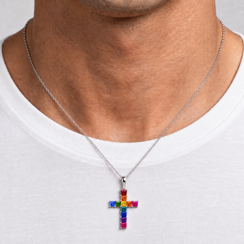Rainbow Princess Cut Sapphire Cross in 14K gold, view 11