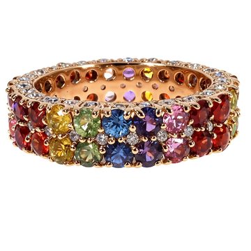 Rose gold eternity ring with rainbow sapphires and surrounding diamonds.