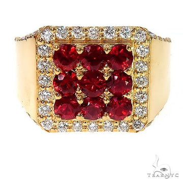Yellow gold ring with a 3x3 red sapphire square surrounded by diamonds.