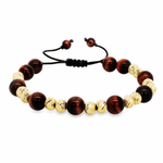 Adjustable men's bracelet with polished red tiger eye and textured gold beads on black cord.