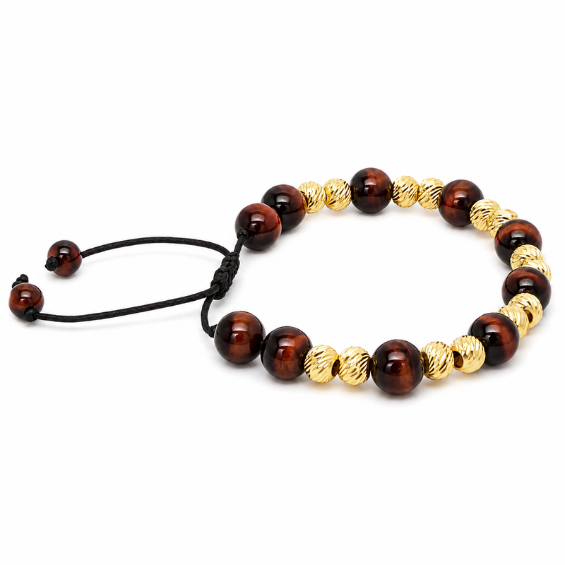 Adjustable men's bracelet with polished red tiger eye and textured gold beads on black cord.