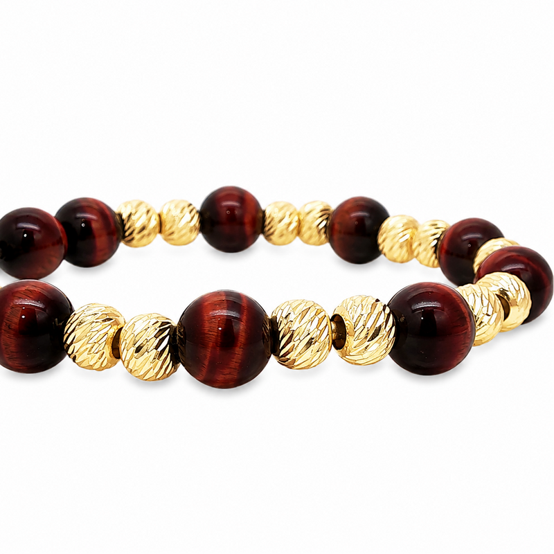 Adjustable men's bracelet with polished red tiger eye and textured gold beads on black cord.