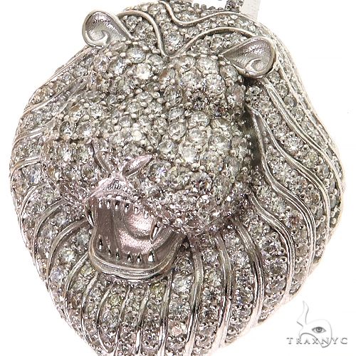 Diamond-encrusted lion head pendant in white metal with detailed mane and roaring expression