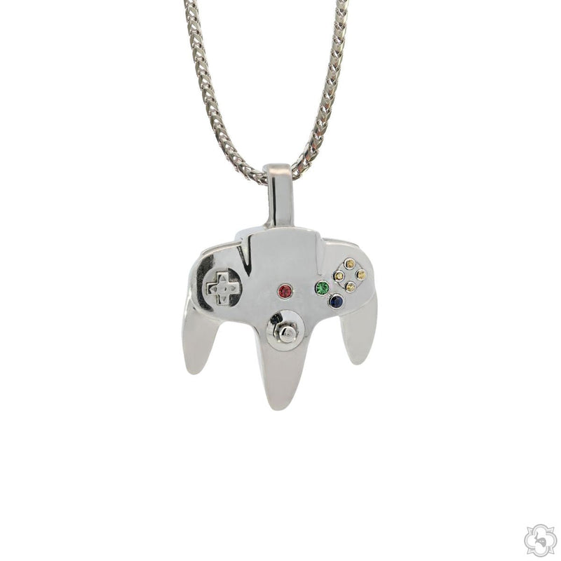 Silver-tone gaming controller pendant set with multicolor gemstone button accents — front-facing detail view