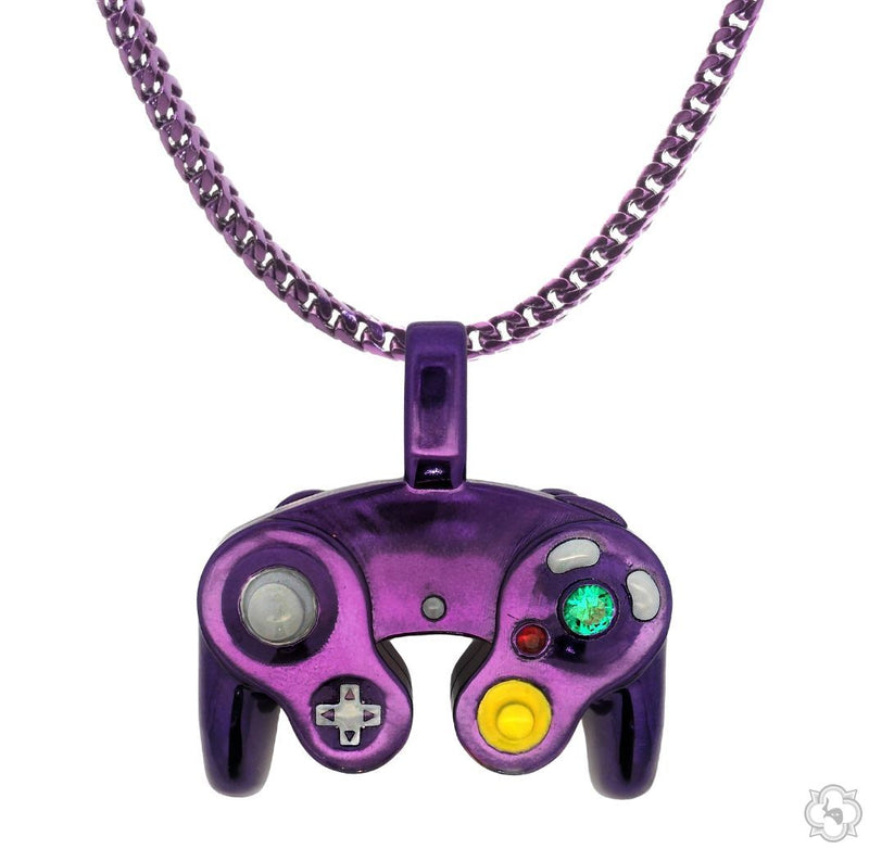 Silver gaming controller pendant set in electric purple with detailed button accents, front view
