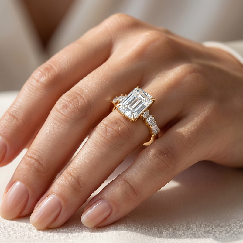 Yellow gold engagement ring with emerald-cut diamond and side stones on hand