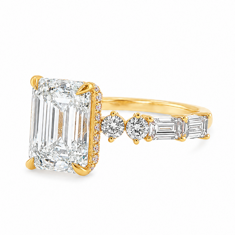 Art Deco inspired 4 carat emerald cut lab grown diamond engagement ring with baguette and round diamonds in 14K yellow gold