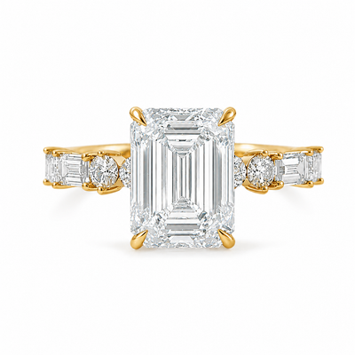 Art Deco inspired 4 carat emerald cut lab grown diamond engagement ring with baguette and round diamonds in 14K yellow gold