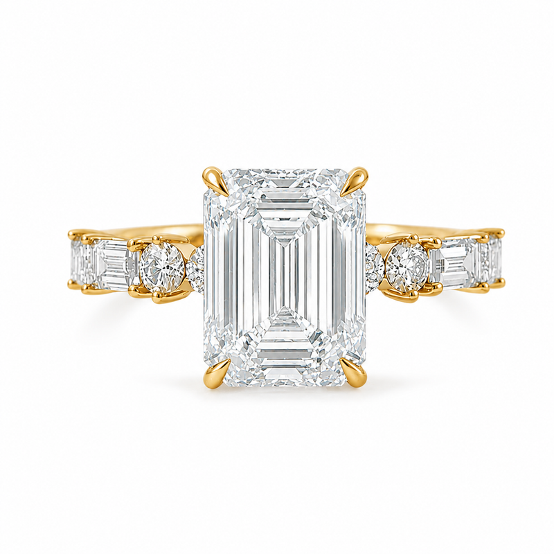 Art Deco inspired 4 carat emerald cut lab grown diamond engagement ring with baguette and round diamonds in 14K yellow gold