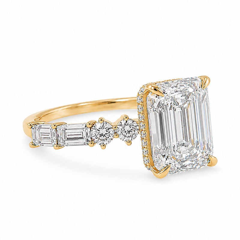 Art Deco inspired 4 carat emerald cut lab grown diamond engagement ring with baguette and round diamonds in 14K yellow gold