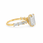 Art Deco inspired 4 carat emerald cut lab grown diamond engagement ring with baguette and round diamonds in 14K yellow gold