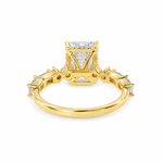 Art Deco inspired 4 carat emerald cut lab grown diamond engagement ring with baguette and round diamonds in 14K yellow gold