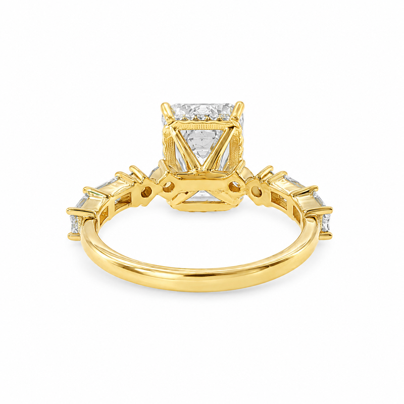 Art Deco inspired 4 carat emerald cut lab grown diamond engagement ring with baguette and round diamonds in 14K yellow gold