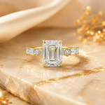 Art Deco inspired 4 carat emerald cut lab grown diamond engagement ring with baguette and round diamonds in 14K yellow gold