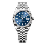 Rolex DateJust 41mm Oystersteel blue stick dial with fluted bezel and Jubilee bracelet.