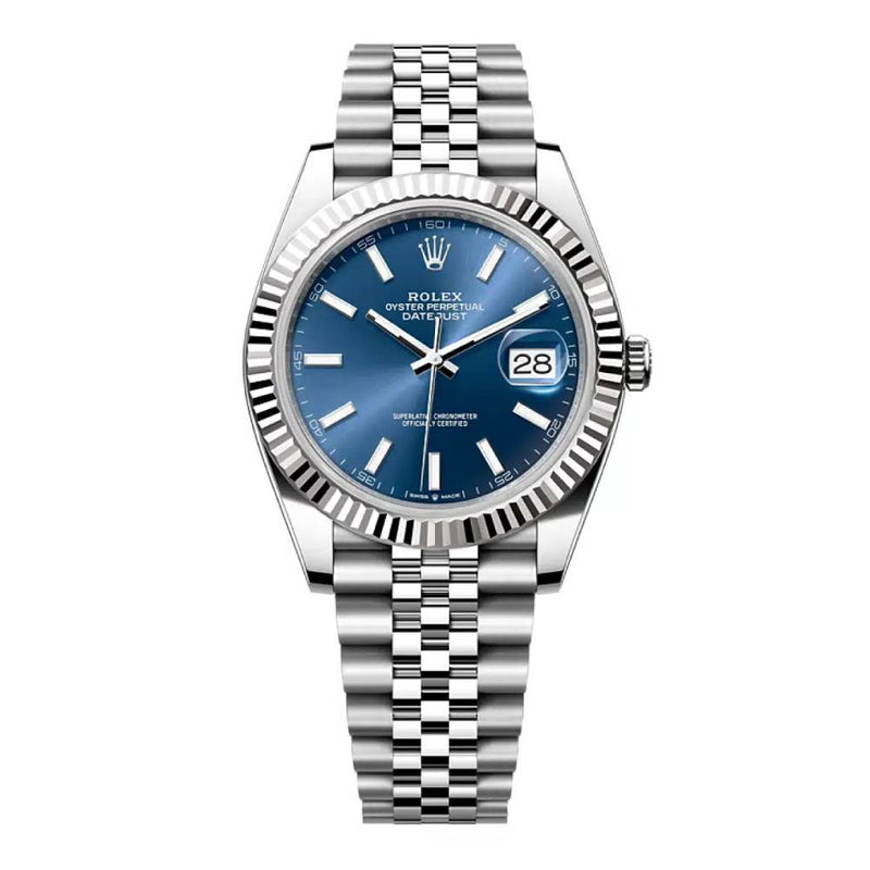 Rolex DateJust 41mm Oystersteel blue stick dial with fluted bezel and Jubilee bracelet.