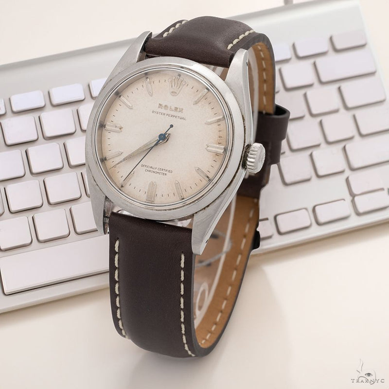 Rolex Oyster Perpetual 34mm 6564 Silver Dial Leather Bracelet VINTAGE 69747 - Image 3